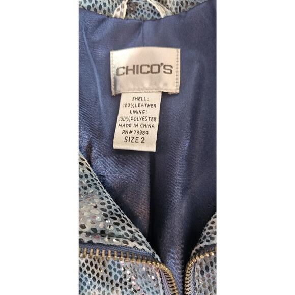 Stunning Chicos 100% leather Dress jacket‎ - 2 Large -Blue Snakeskin Satin Lined - Picture 5 of 5